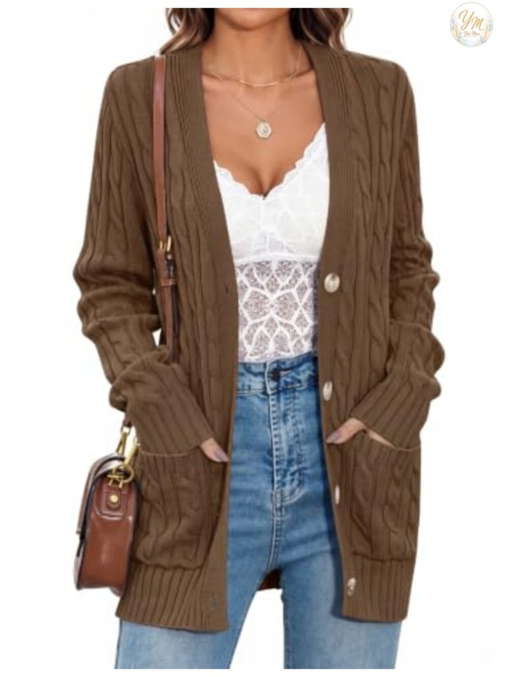 Womens Cable Knit Button Up Oversized Cardigan Sweater with Pockets